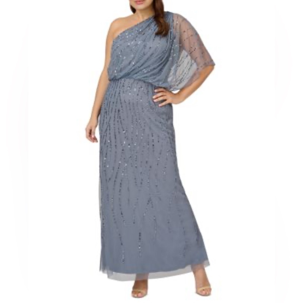 Adrianna Papell  One-Shoulder Blue Long Beaded Evening Gown Sz12 New 6